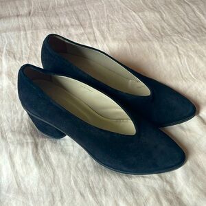 COS black suede block heels